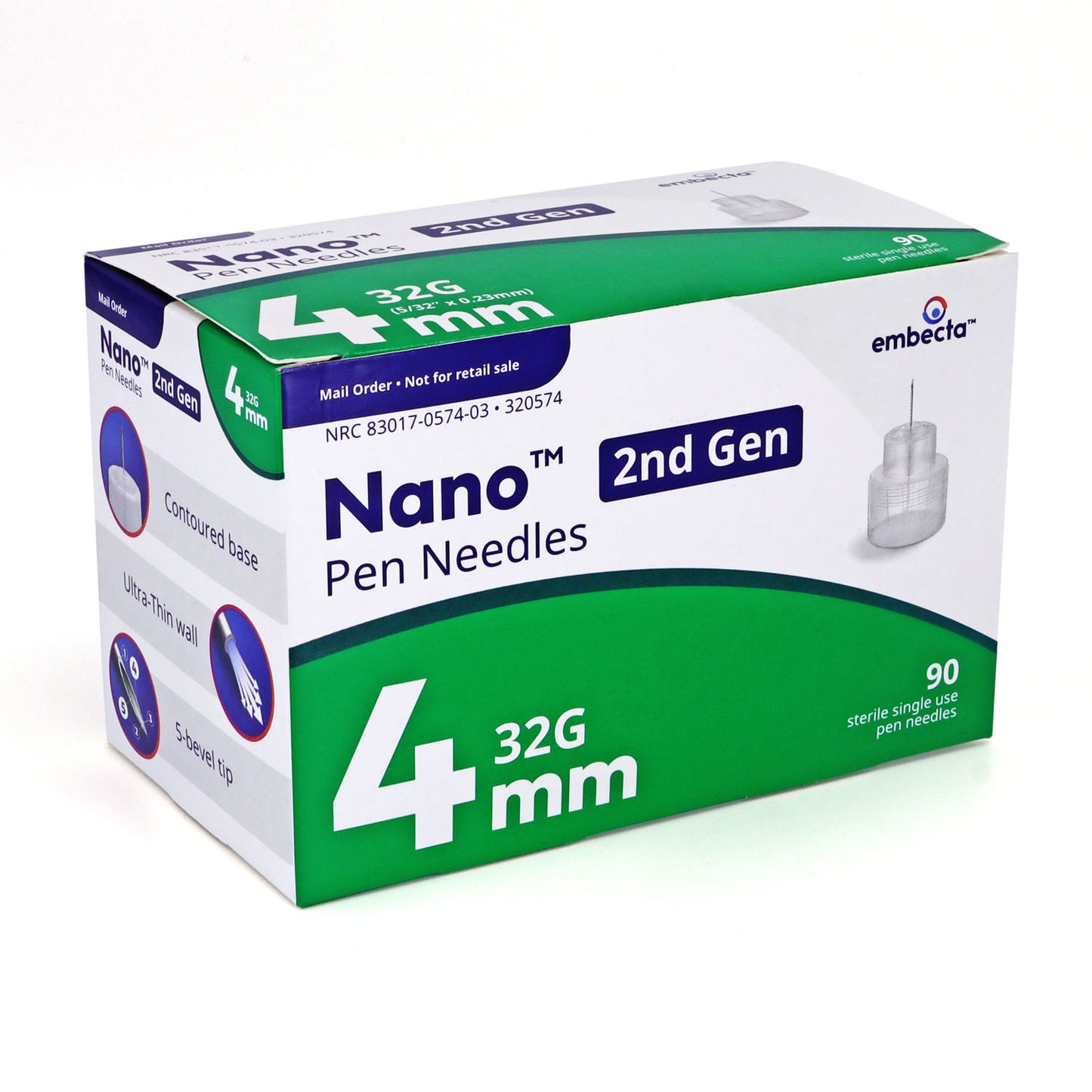 Embecta Nano Ultra-Fine Pen Needles - 32G 4mm (5/32" x 0.23mm) 100/BX