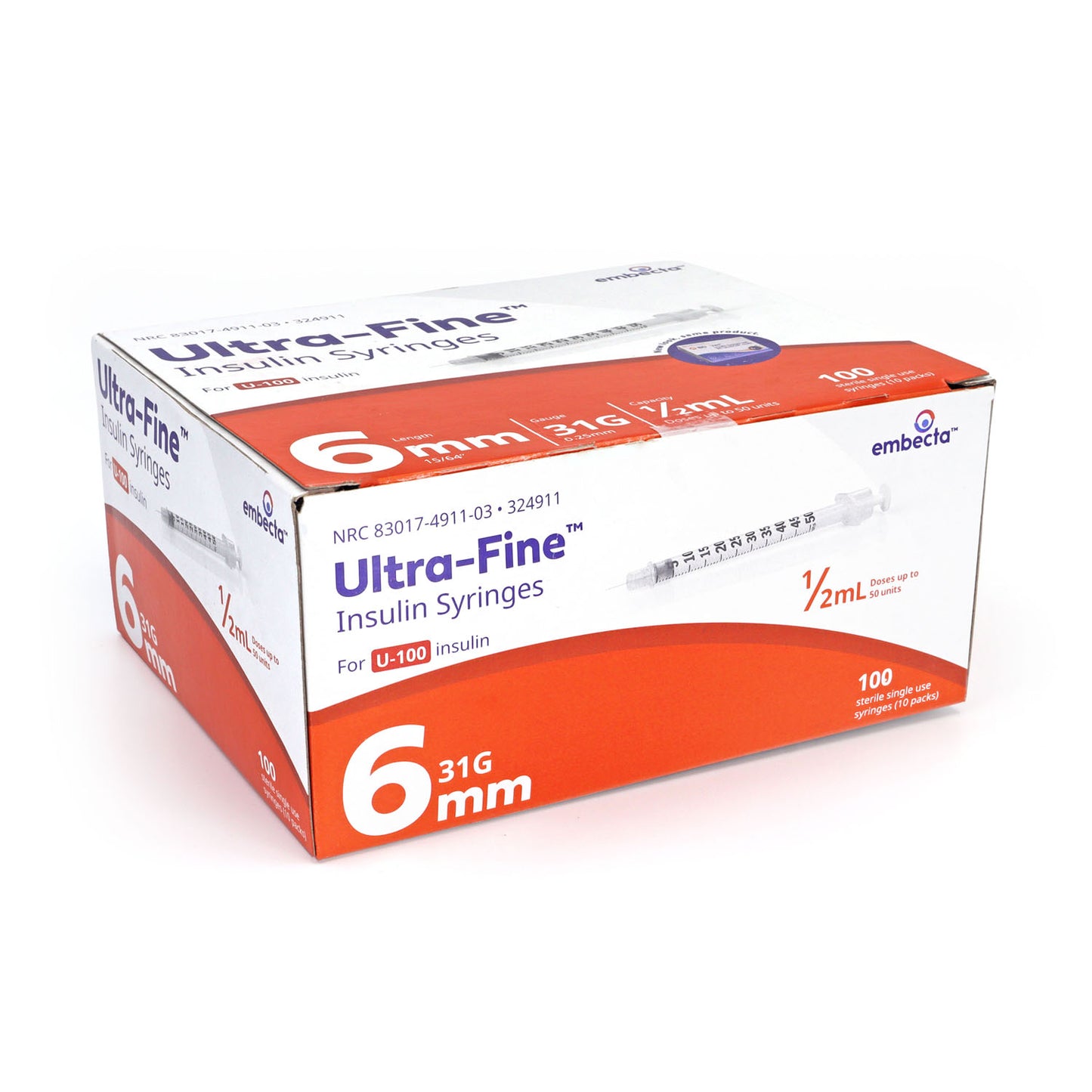 Embecta Ultra-Fine Insulin Syringes - 31G 1/2mL 6mm (15/64") 100/BX
