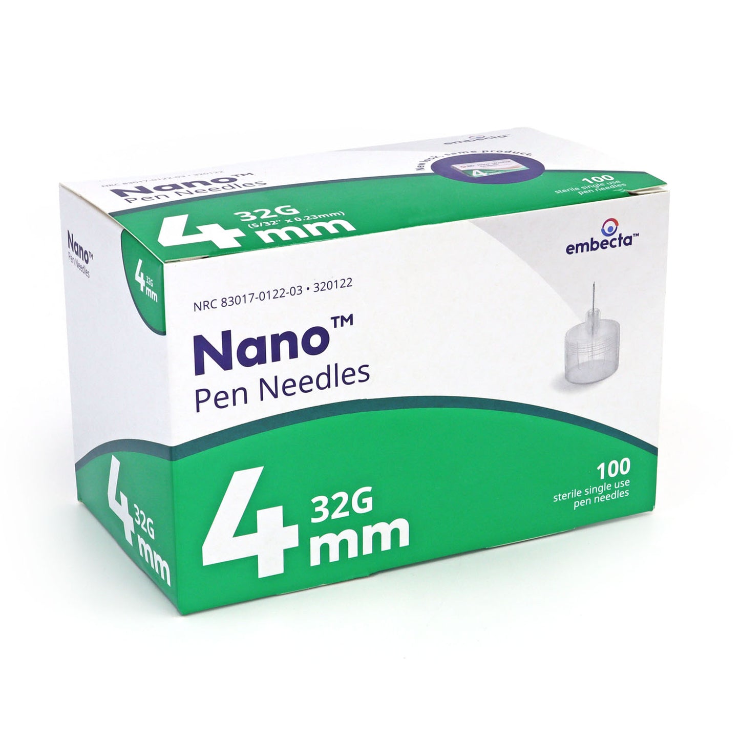 Embecta Nano Ultra-Fine Pen Needles - 32G 4mm  (5/32" x 0.23mm)  100/BX