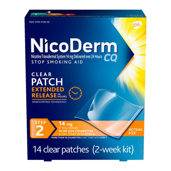 compare product NicoDerm CQ Nicotine Patch, Clear, Step 2 to Quit Smoking, 14mg, 14 Count
