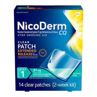 compare product NicoDerm CQ Nicotine Patch, Clear, Step 1 to Quit Smoking, 21mg, 14 Count